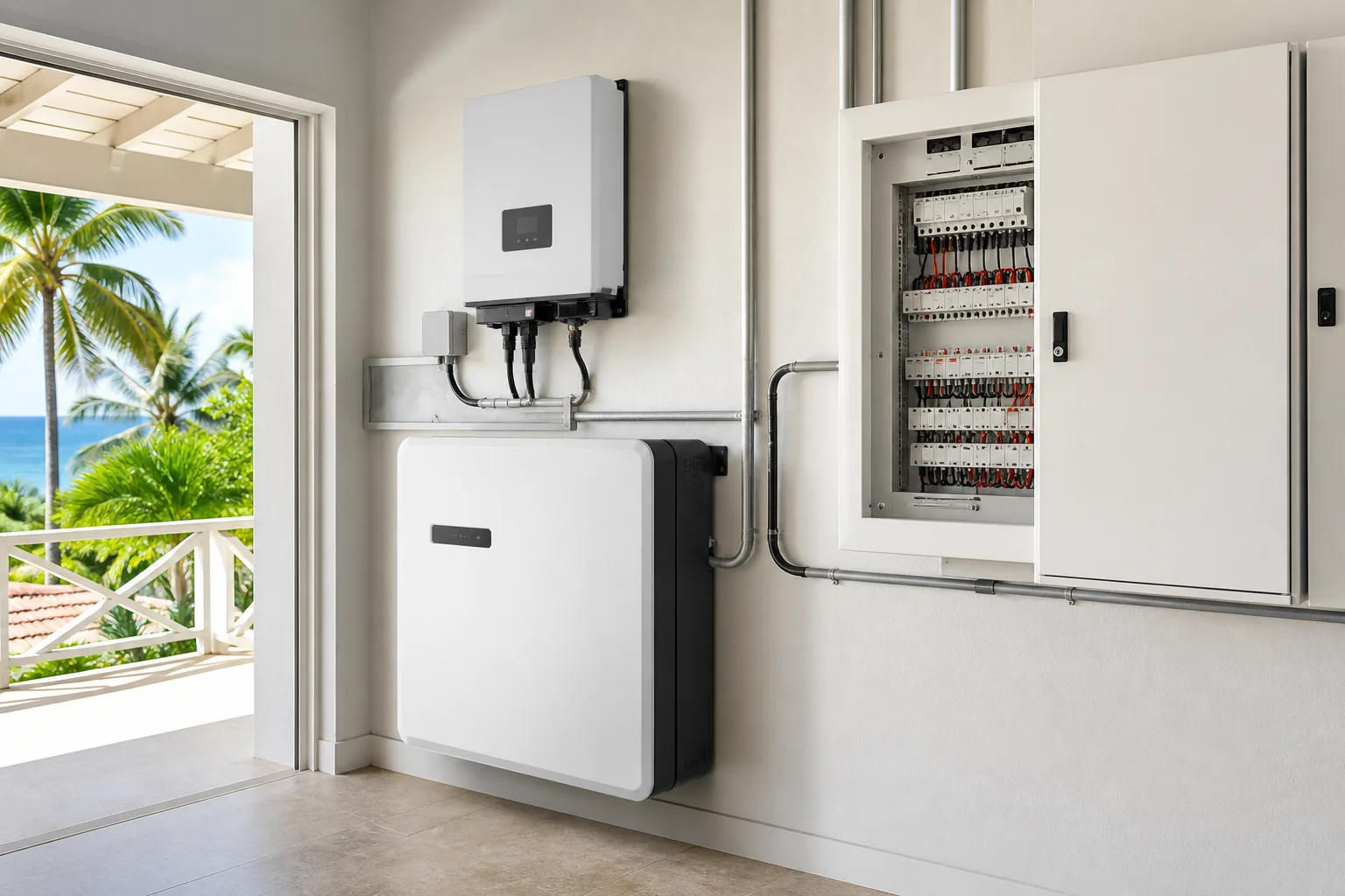 Batterie solaire résidentielle installée dans un local technique aux Antilles