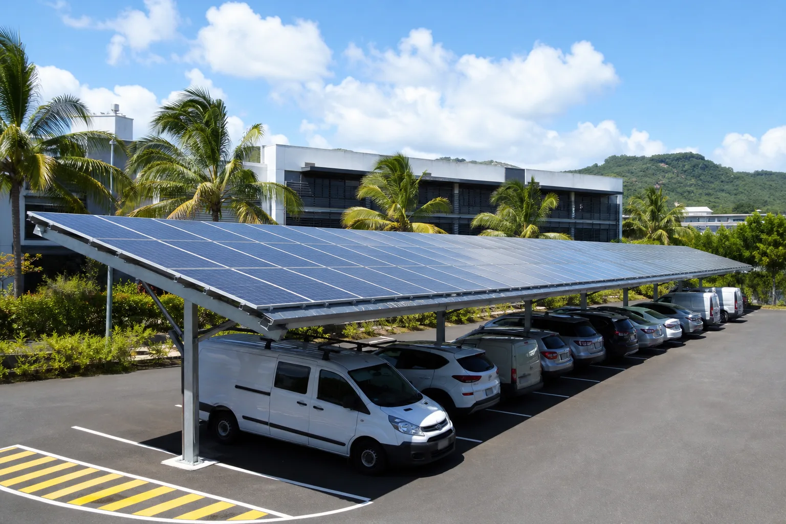 Ombrière photovoltaïque couvrant le parking d’une entreprise aux Antilles