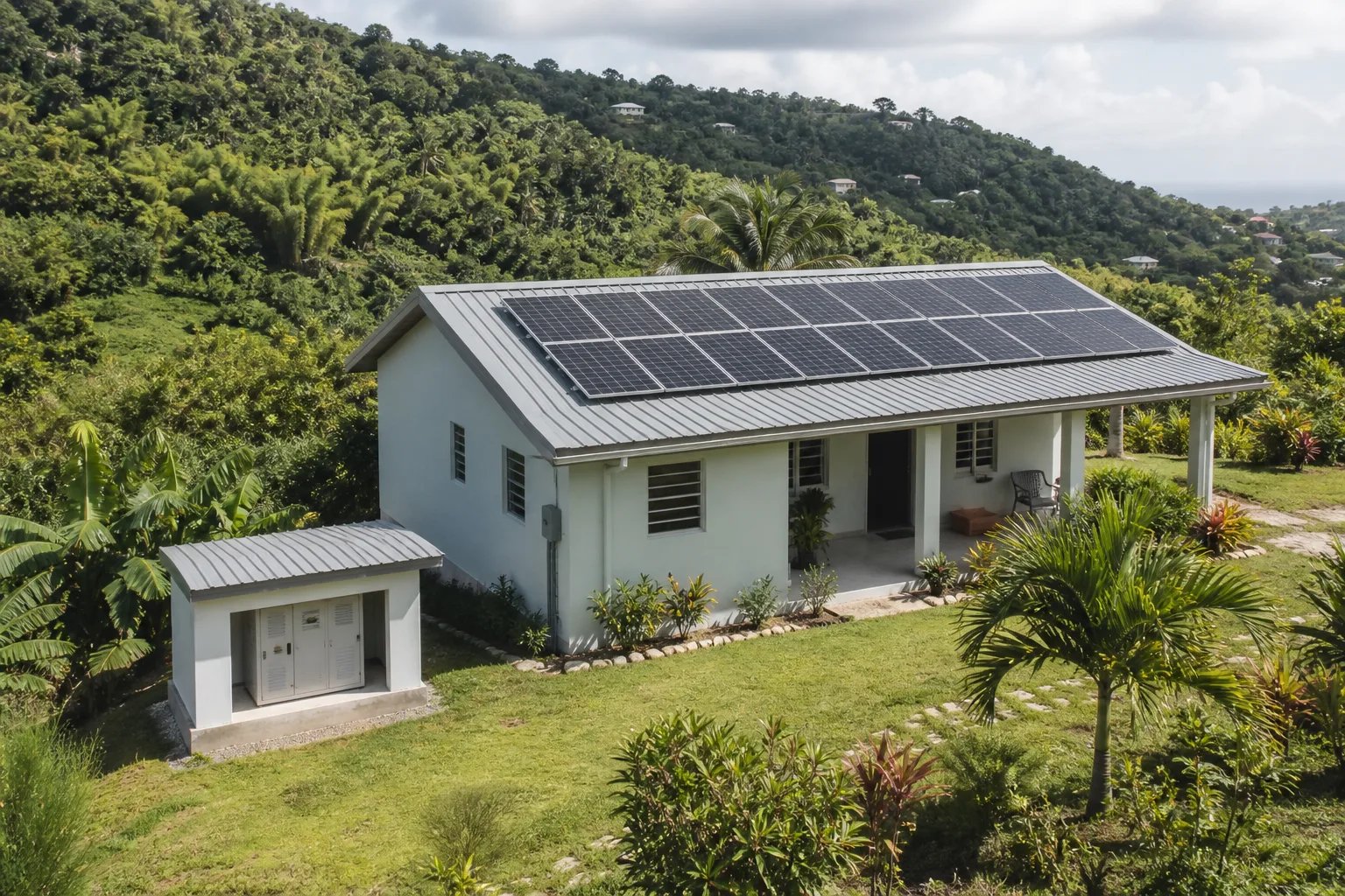 Panneaux photovoltaïques installés sur une maison en environnement tropical