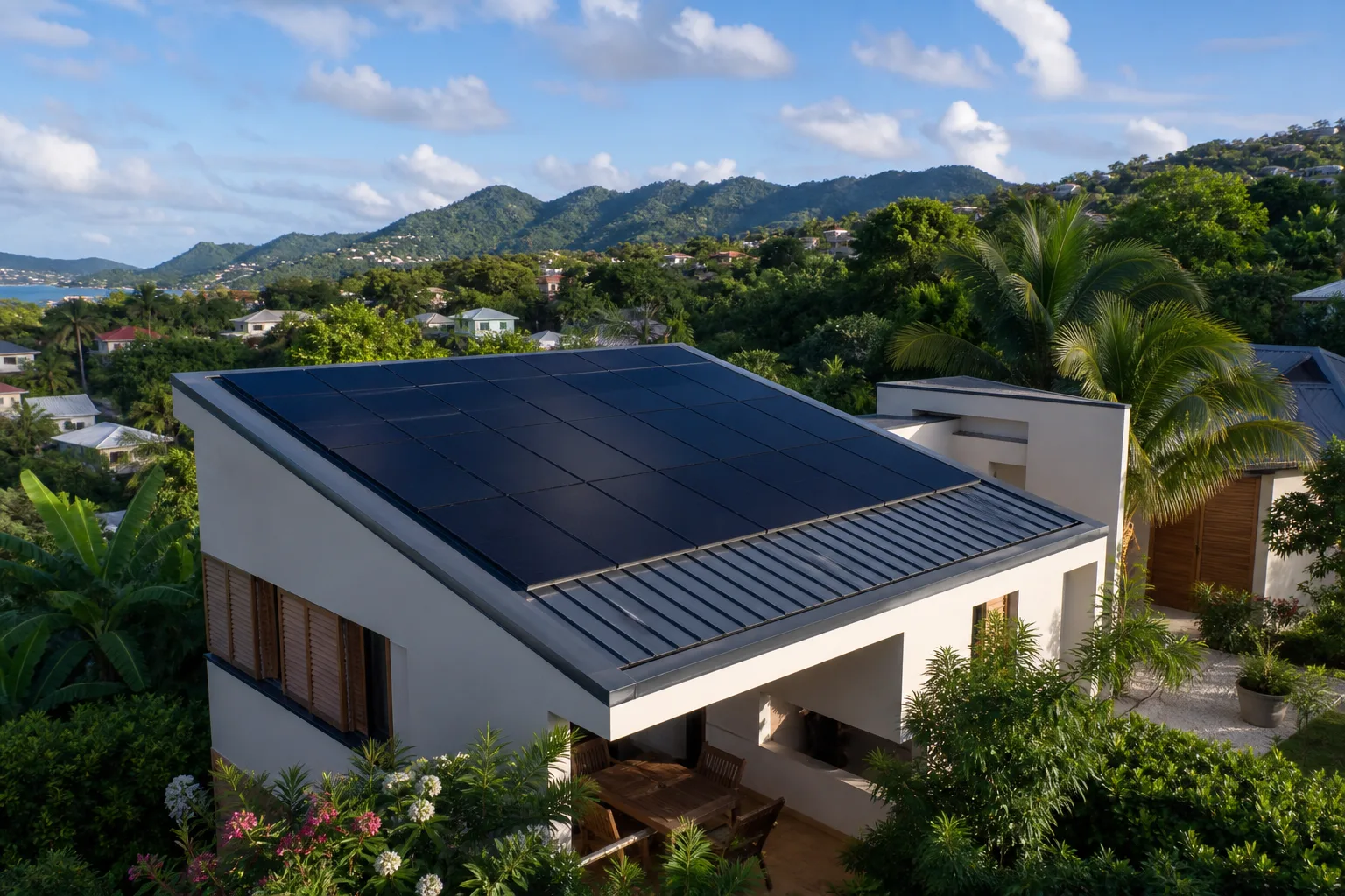 Maison tropicale autonome équipée de panneaux solaires