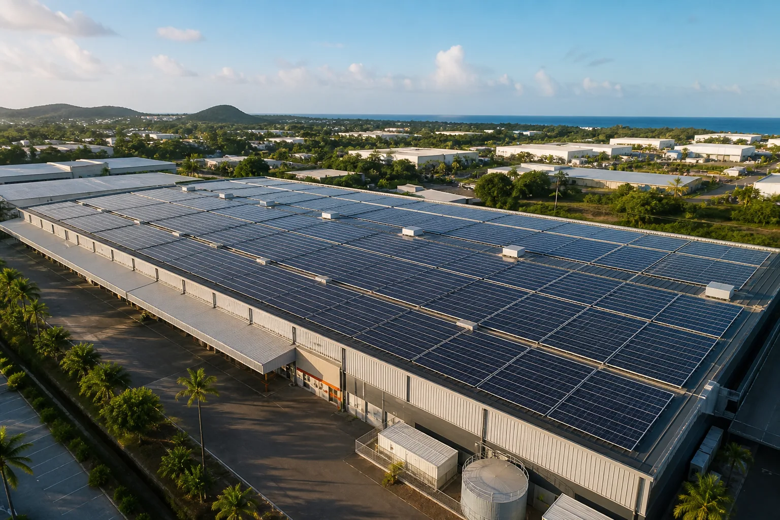Grande toiture industrielle équipée de panneaux photovoltaïques aux Antilles
