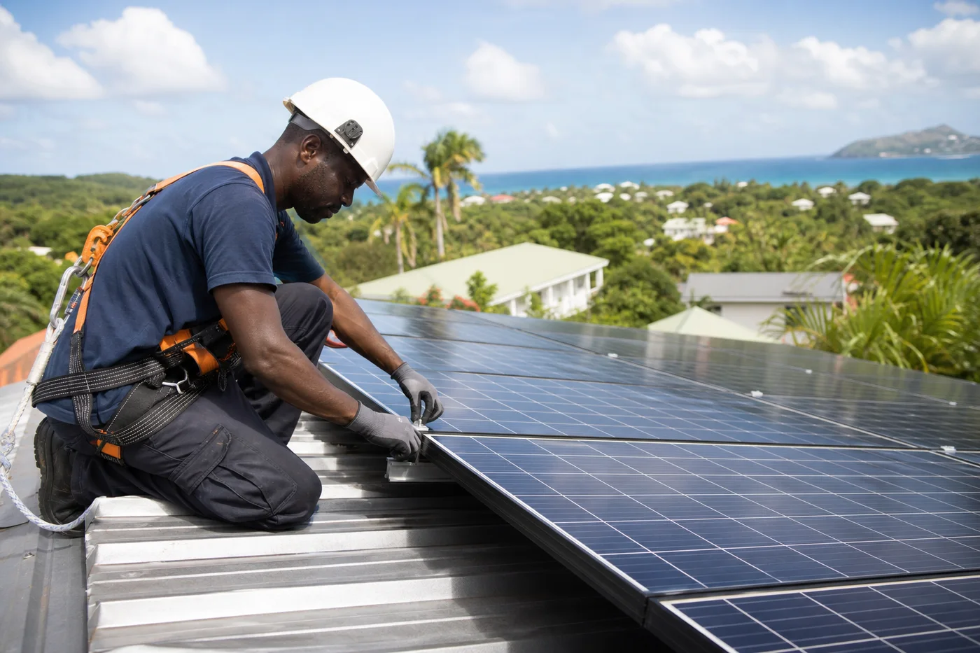 Technicien photovoltaïque intervenant sur une toiture aux Antilles
